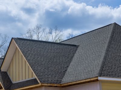 A close-up view of the upper portion of a home featuring a dark asphalt shingle roof with multiple peaked gables. The exterior includes cream-colored siding and white trim, set against a cloudy blue sky and bare trees in the background.