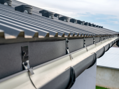 A close-up view of a dark corrugated metal roof edge with a matching black gutter and bracket system installed along the perimeter. Ridge vents are visible along the peak of the roof.