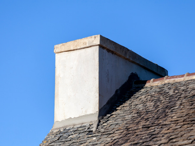 A rendered chimney stack meeting an aged slate roof, with the flashing joint visible where the chimney base meets the roof slope.